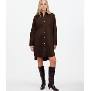 Madewell Y Neck Relaxed Mini Shirtdress Brown Small Minimalist Neutral Sateen